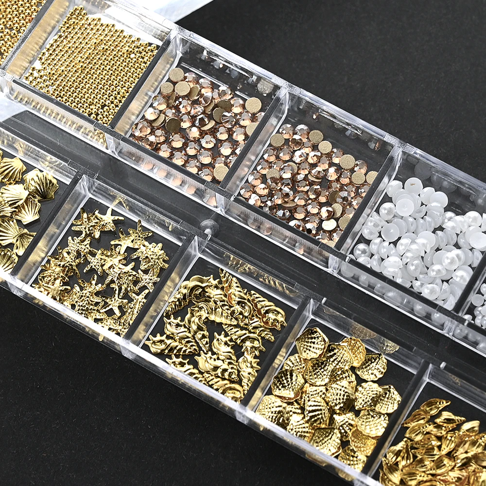 12 شبكة/صندوق ثلاثية الأبعاد سبائك الذهب حجر الراين مسمار سحر الفاخرة المحيط مختلط فرس البحر قذيفة نجم البحر حبة مسمار جوهرة مسمار الفن لتقوم بها بنفسك اكسسوارات