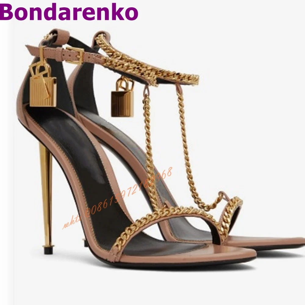 Mirror Metal Chain Sandals Women Shoes Pointed Toe Gold Stiletto Heel Sandals Ankle Buckles Lock T Straps Design Shoes Banquet