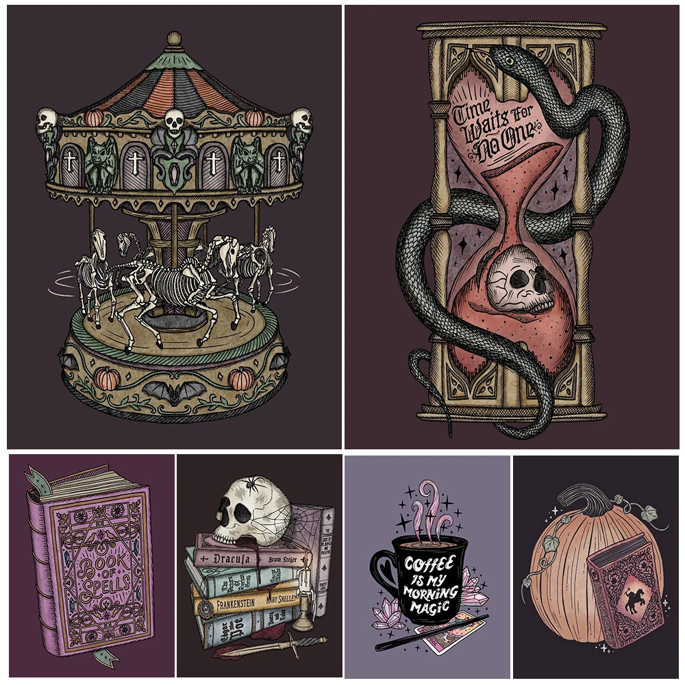 Witch Hourglass,Magic Spell Book,Skull Music Box,Wall Art Canvas Painting Witchcraft Element Art Poster And Print Home Decor
