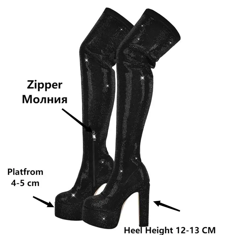 Onlymaker Women Platform Over The Knee Boots  Black Rhinestone Thick High Heels Side Zipper Punk Style RoundToe Party Boots