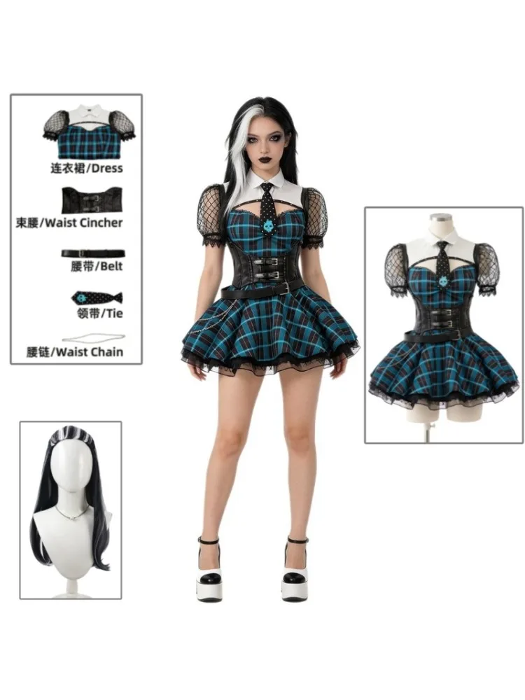 Kostium cosplay w stylu szkolnej sukienki z gorsetem, inspirowany postacią Frankie Stein, dla kobiet, idealny na imprezę halloweenową, występy sceniczne i konwencje. — 2