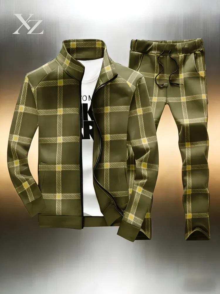 Men's Plaid 2 Piece Tracksuit Set: Stand Collar Full Zip Jacket + Jogger Pants Casual Sportswear Outfit