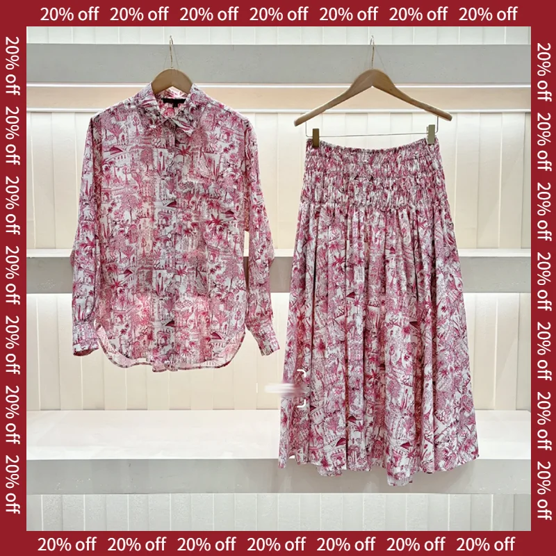 

Tropical Jungle Print Shirt And Skirt Set Women's Fashion Autumn Collection Long Sleeve Cotton Blend Holiday Vibes Outfit