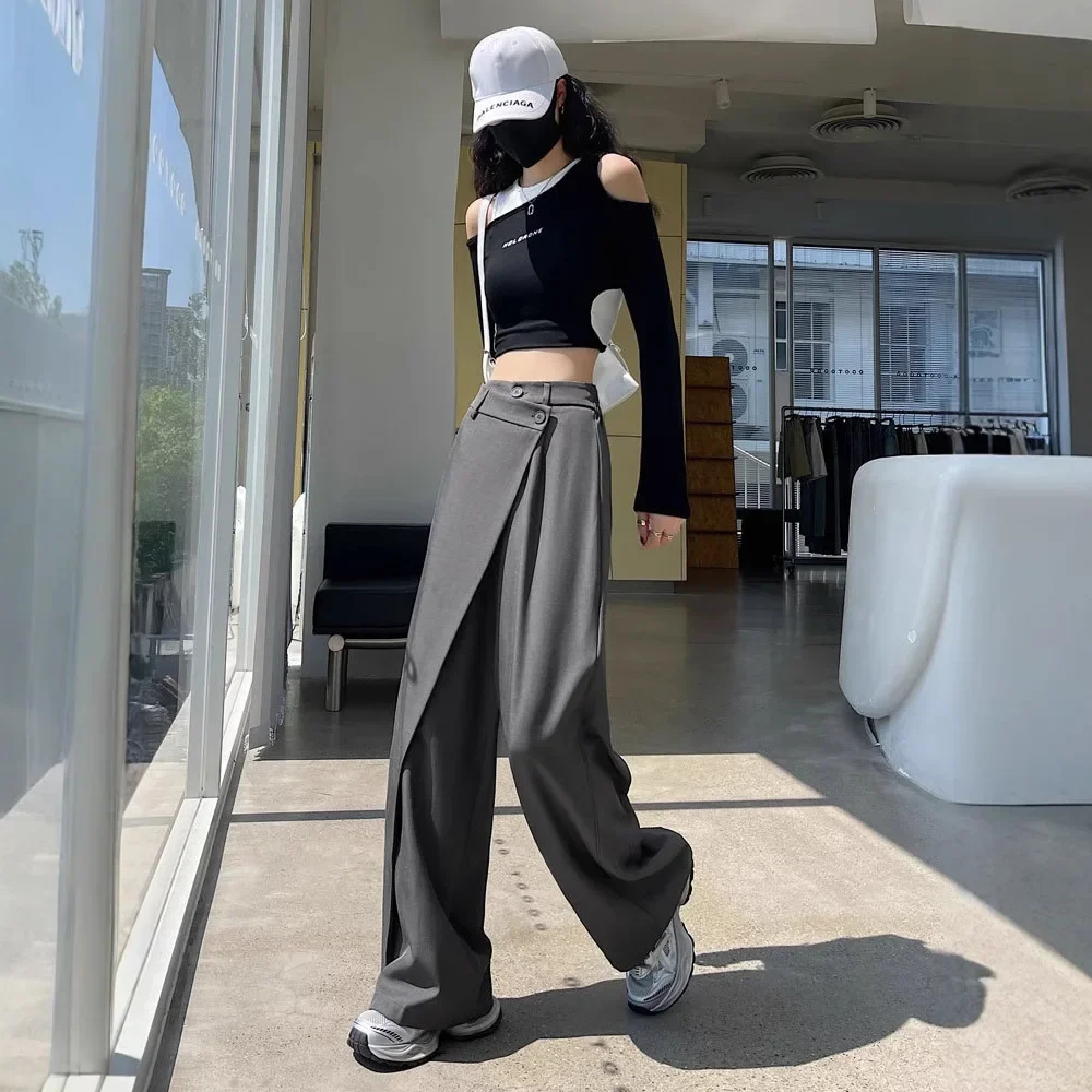 High Waist Wide Leg Suit Pants Women's Autumn New Loose Straight Casual Trousers Asymmetrical Design Comfortable Straight Leg Tr