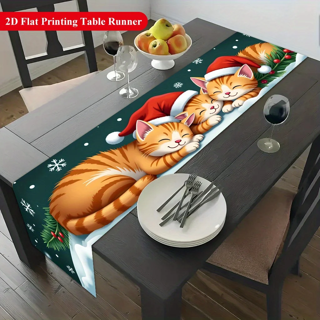1pc 2D Table Runner, Three Kittens with Santa Hats Sleeping on Snow Rectangular Polyester Table Runner, Soft & Easy Care, Indoor