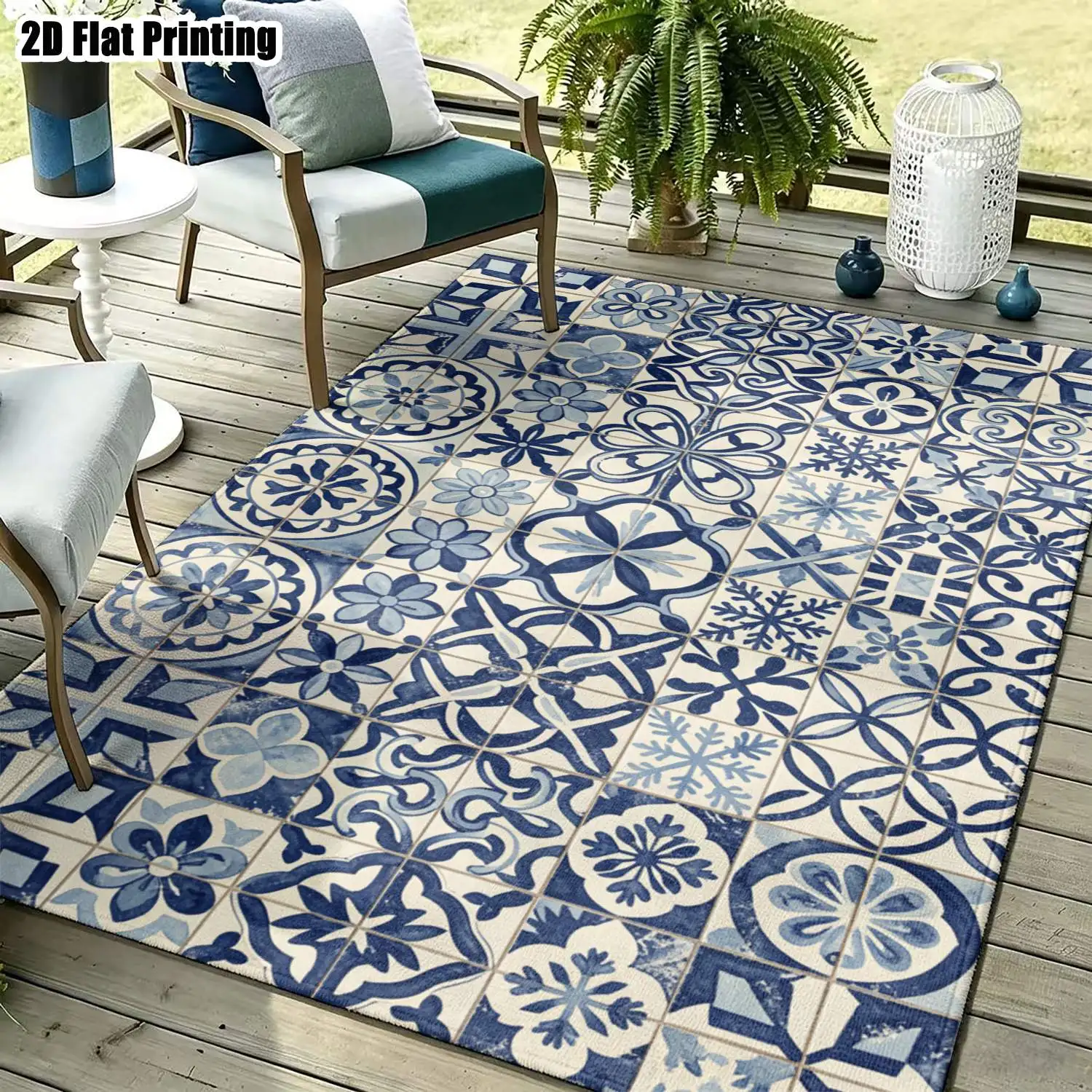 1Pc 2D Printed Carpet with Blue-White Retro Tile Pattern, European/Retro/Bohemian Style, Home Decor, Multiple Sizes, Machine Washable, for Entrance, Dining, Foyer, Bedroom, Study, Living Room