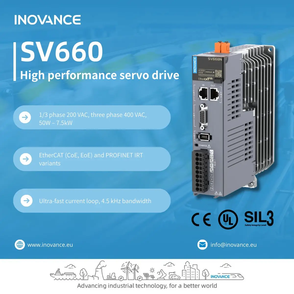 INOVANCE SV660 Series AC Servo Drive 0.05-7.5kW EtherCAT/PROFINET/CANopen/Modbus RTU Driver for CNC Machine and Packaging Line