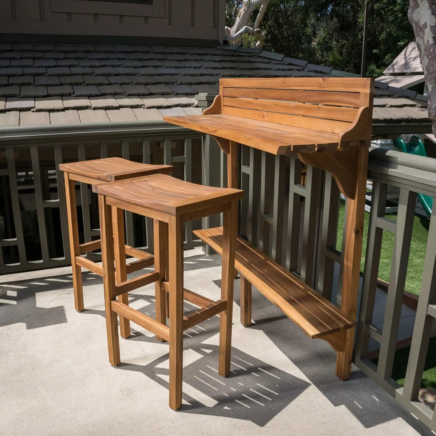 Caribbean Outdoor Acacia Wood Balcony Bar Set, 3-Pcs Set, Natural Stained Light Brown