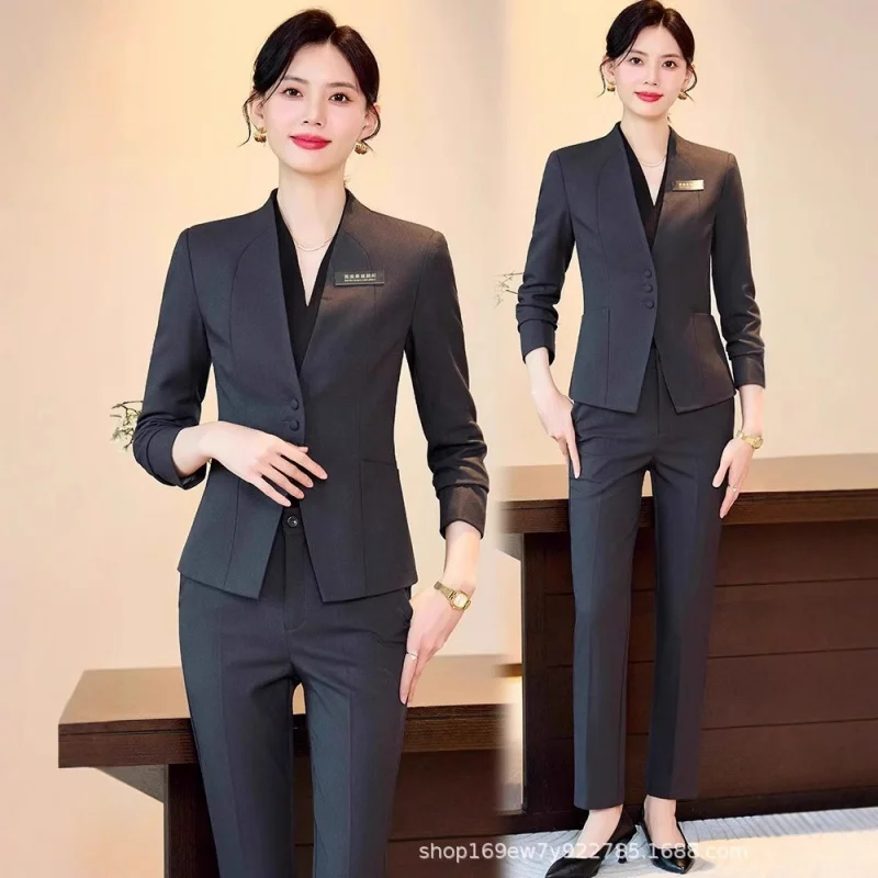 

Профессиональный женский брючный костюм, женский костюм для менеджера отеля, серая рабочая одежда, деловой костюм, синяя рабочая униформа