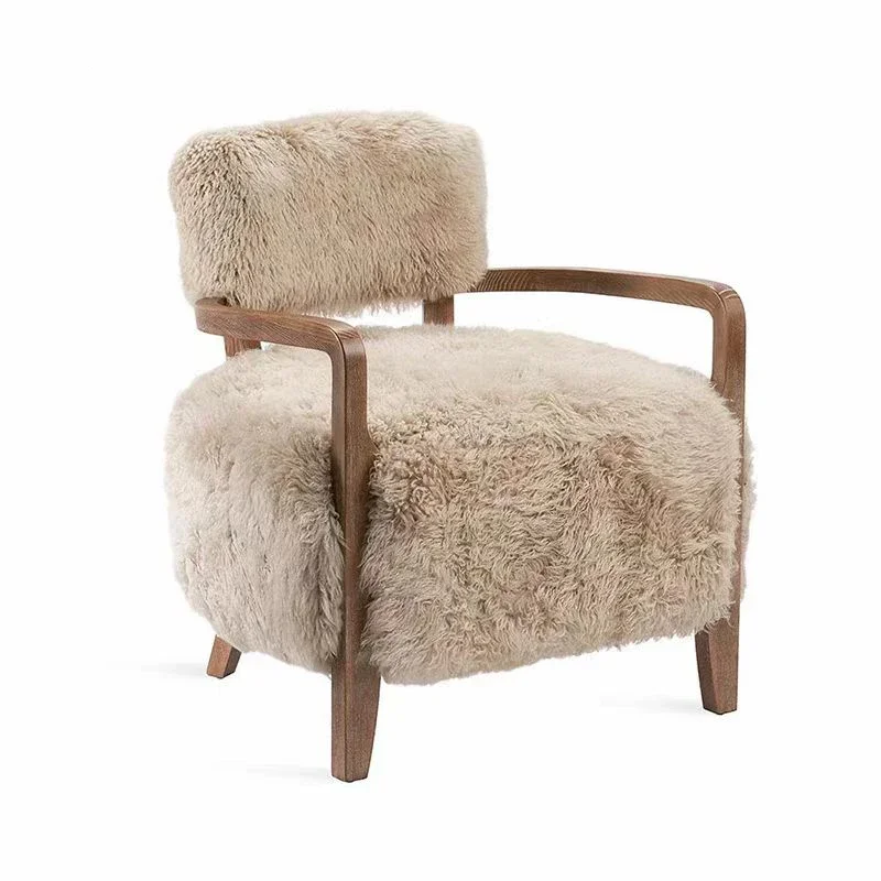 Nordic solid wood sofa chair single imitation wool leisure lazy chair creative design lamb wool bar club reception