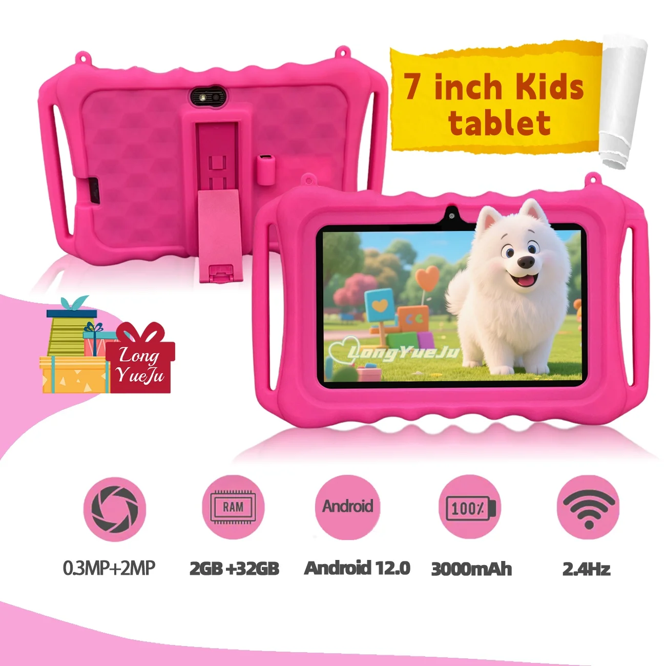 Tableta para niños de 7 pulgadas con estuche a prueba de golpes: tableta Android educativa para niños, Navidad, regalo de cumpleaños para niñas y niños