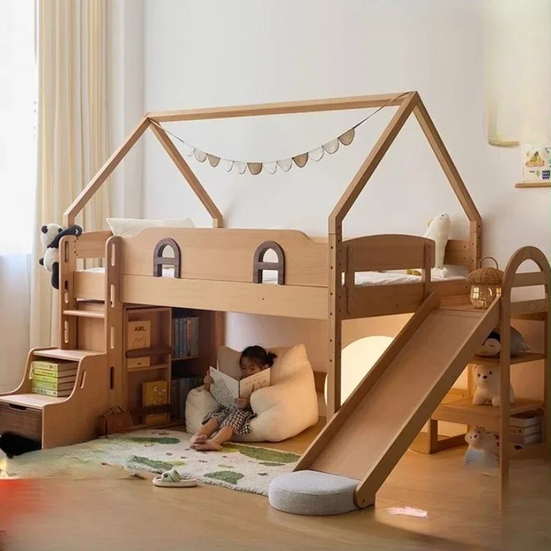 Children's half height bed, treehouse bed, solid wood with slide, beech wood slide bed for boys and girls