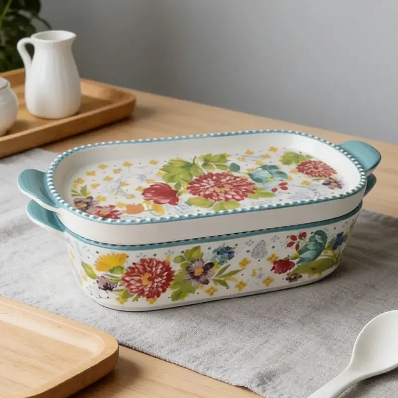 Creative Ceramic Bowl with Lid for Baking Fruit And Soup Women's Kitchenware Double Ear Dishware Elliptical Shape Daily Use