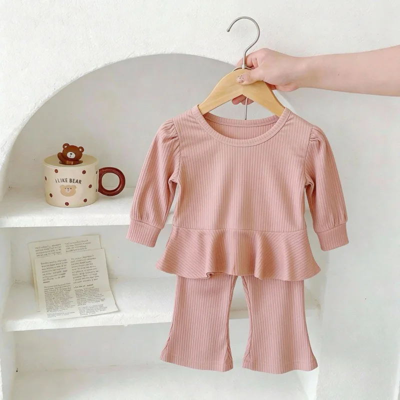 2026 Spring New Children Long Sleeve Clothes Set Girls Lace Sweatshirt + Flared Trousers 2pcs Suit Kids Toddler Casual Outfits