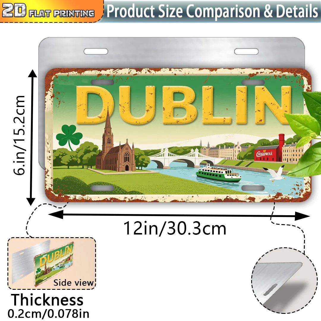 2D Flat, Vintage Dublin Ireland Metal Wall Sign - Heavy-Duty Aluminum 15.24cm x 30.48cm Irish-Themed Plaque with Iconic Landmark