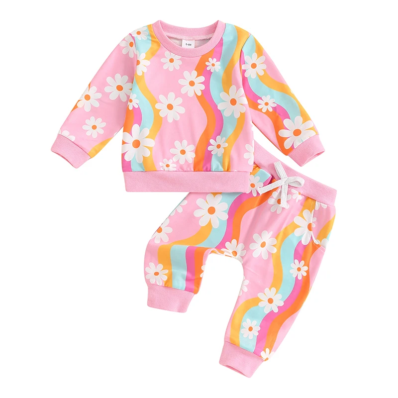 

Toddler Girls Fall Outfits Striped Daisy Print Long Sleeve Sweatshirt and Elastic Pants Set Baby Cute 2 Piece Clothes