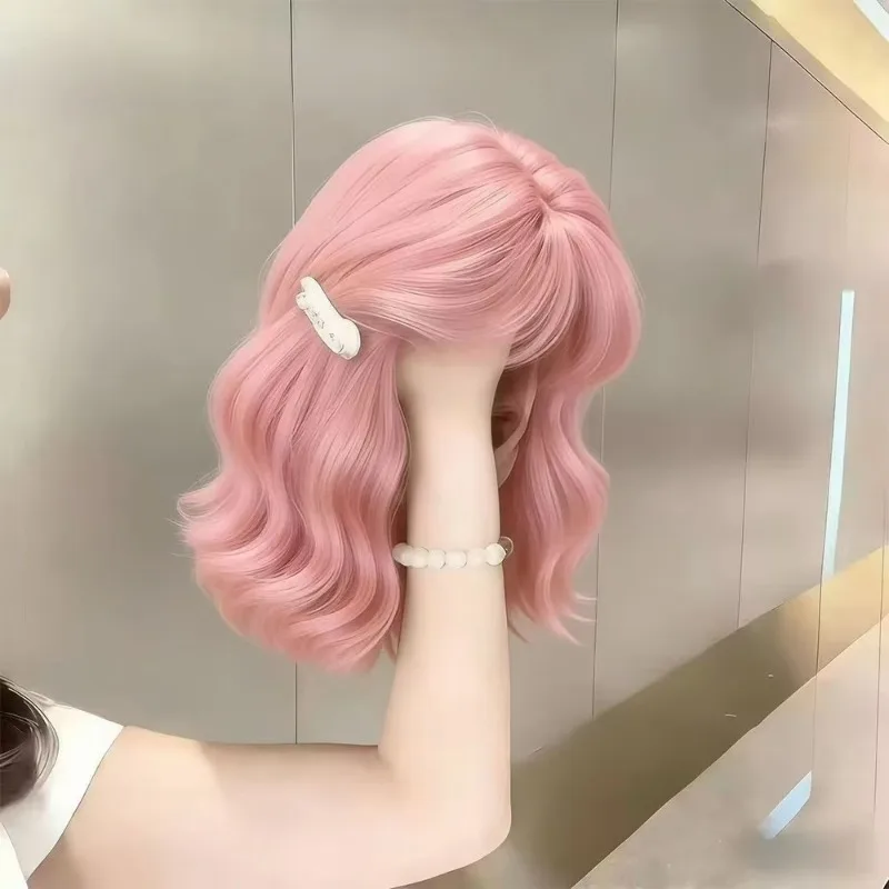 Pink Synthetic Wig with Bangs Short Wavy Women Daily Halloween Role Play Heat Resistant