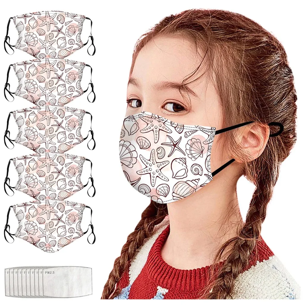 5Pc Masker + 10Pc Filter Kinderen Cartoon Zeevis Print Buiten Beschermend Herbruikbaar Masker Kindvriendelijk Ademend Comfort Masker