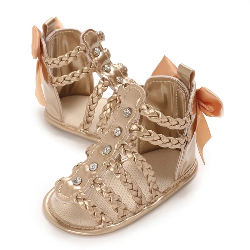 0-18M Baby Meisje Uitgehold Sandalen Pu Leer Gevlochten Antislip Strik Zomer Flats Peuter Schoenen Voor Casual Dagelijks