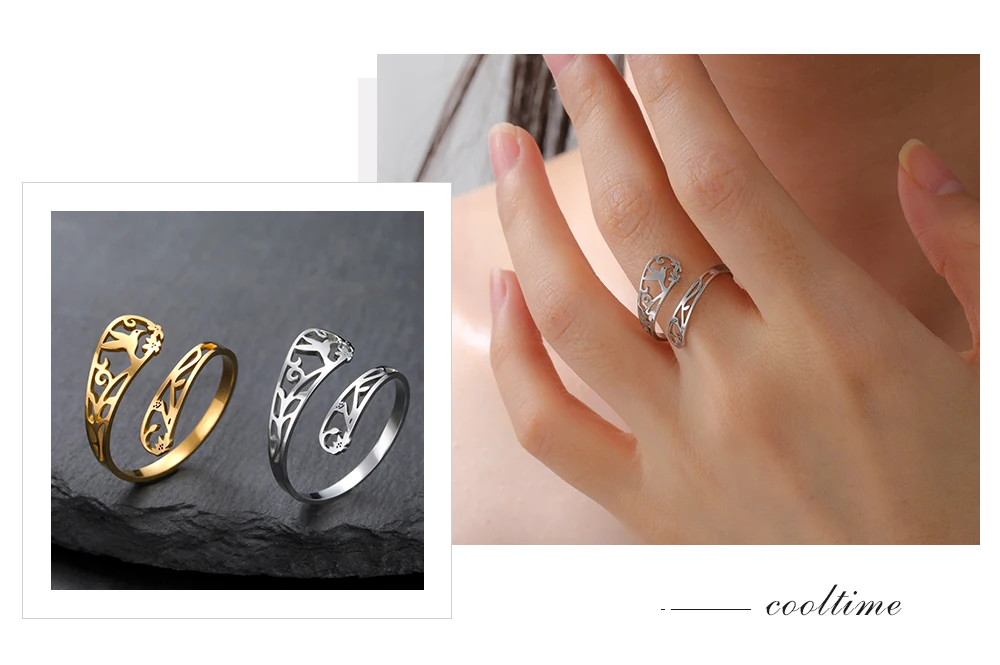 COOLTIME Blumen- und Vogel-Damenring, Edelstahl, verstellbar, modischer Blumen-Fingerring, Schmuck, Geburtstagsgeschenk – Detail 8