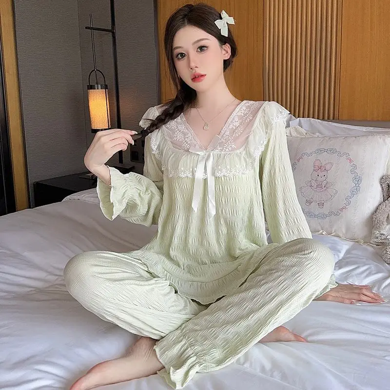 

2026 весенние милые кружевные хлопковые пижамные комплекты с v-образным вырезом и длинными рукавами для женщин, корейская одежда для сна, пижама Mujer, домашняя одежда, домашняя одежда