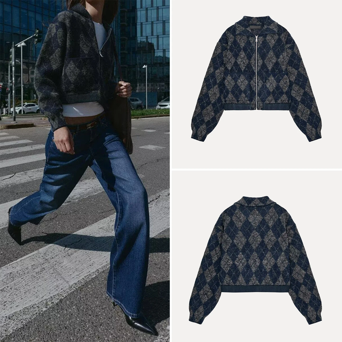 

Faionable Diamond Pattern Knitted Pilot Jaet Women's ort Outerwear Z New Arrival 2025 Autumn Season Ladies Coat