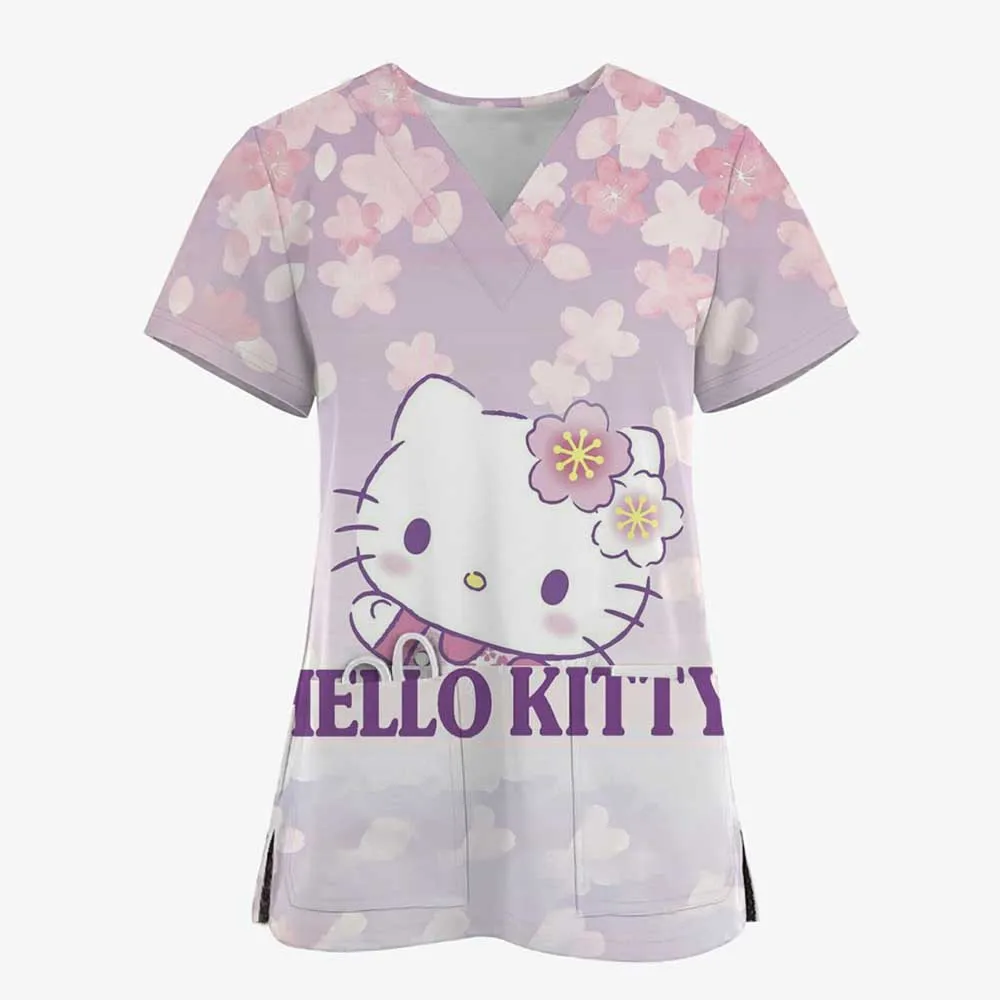 Tops de enfermería con estampado de Hello Kitty, blusa de uniforme de trabajo, uniforme de manga corta con cuello en V, Blusas, ropa de enfermería, Túnica Uni