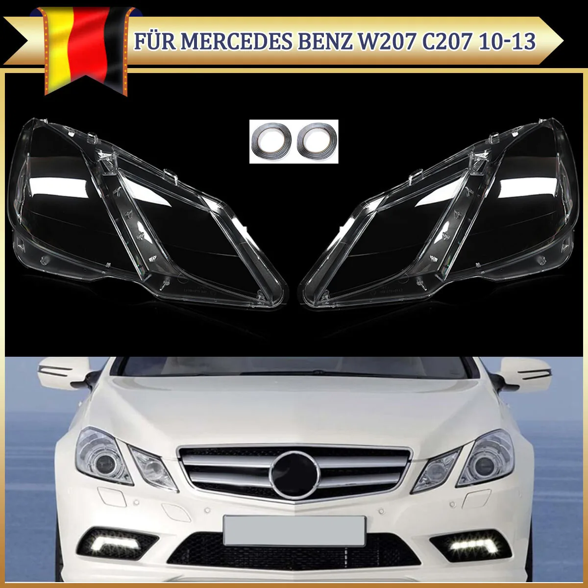 Scheinwerfergehäuse-Linse für Mercedes E-Klasse, Scheinwerferabdeckung W207/C207 E200 E300 2009-2013, klare Abdeckung für den vorderen Scheinwerfer, links + rechts.