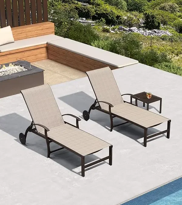 Outdoor Chaise Lounge Chair Set of 3 Patio Pool Lounger Aluminum Chairs with Side Table and Wheels Adjustable Tanning Recliner