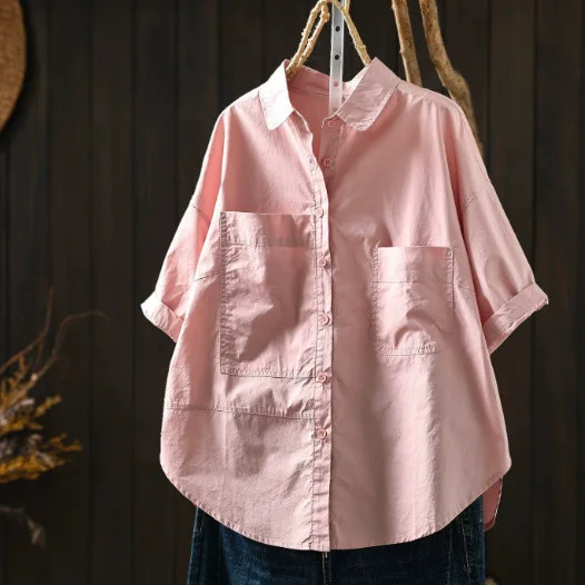 Women Summer New Sweet Mori Girl Solid Color Pocket Front Cotton Shirts Turn Down Collar Half Sleeve Casual Loose Blouse Tops