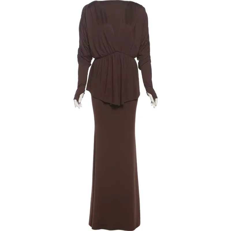 Sisterlinda أنيقة كلاسيكية 2 قطعة مجموعة موجزة كم كامل غير النظامية الخامس الرقبة القمم + مطابقة ماكسي التنانير الإناث شارع العليا الزي