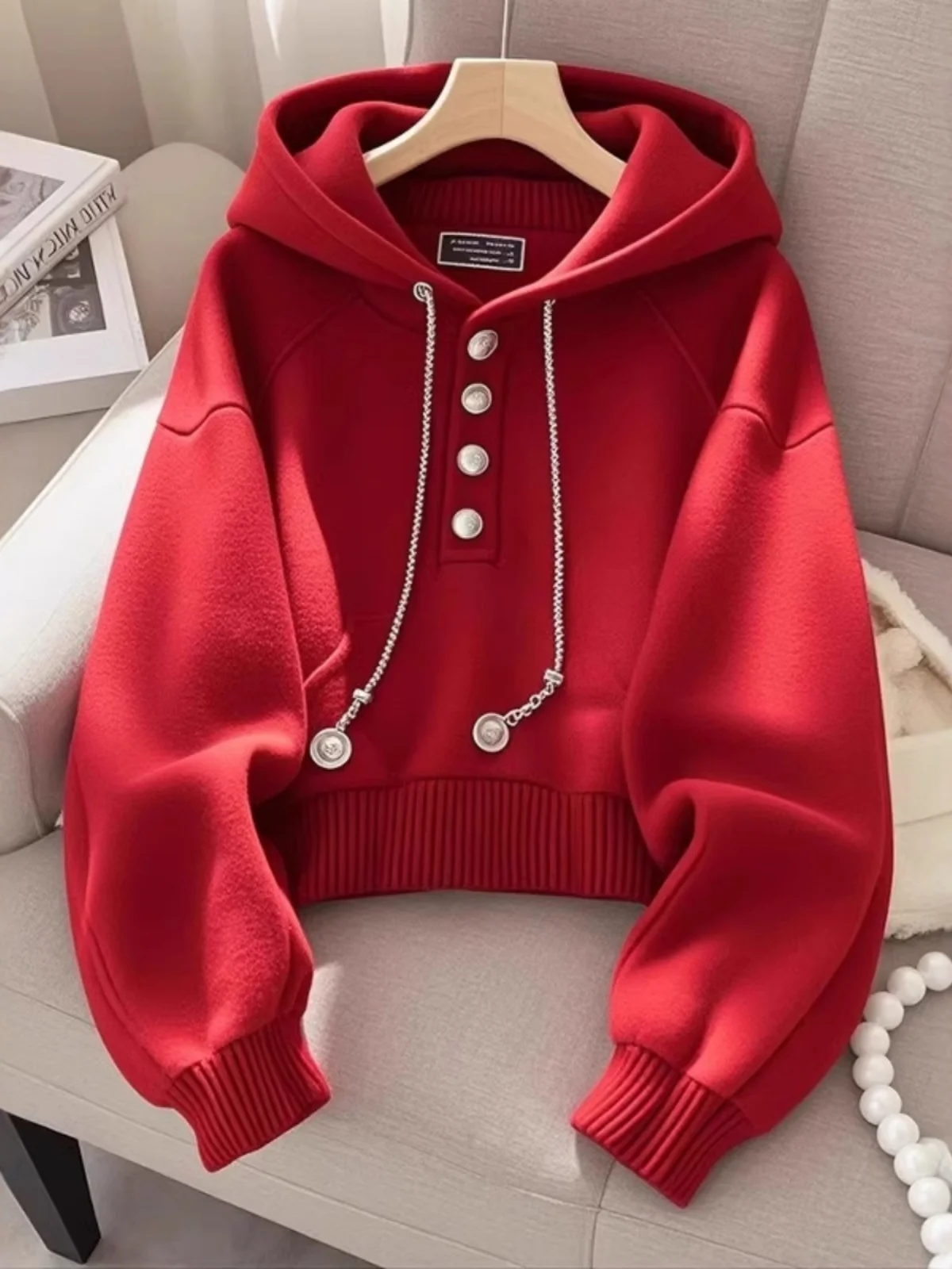 

Early Spring Loose Fit Hoodie Women's Red Ankela Korean Sle Casual Long Sve Crew Ne Sweatirt Versatile Agel Top