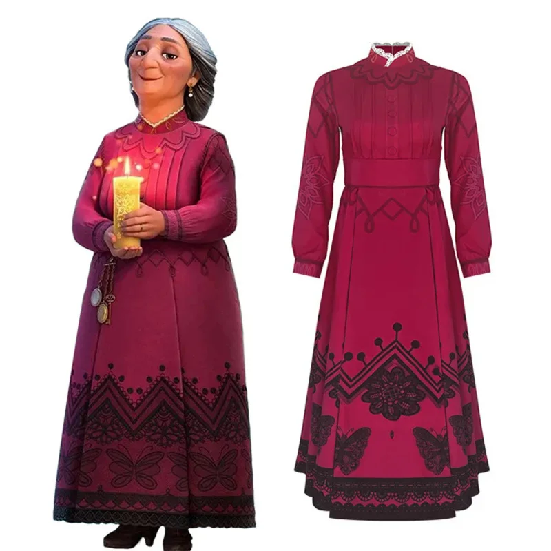 

Encanto Movie Alma Madrigal Cosplay Costume for Adult Women Kids Girls Red Long Dress for Halloween Family Party Suit