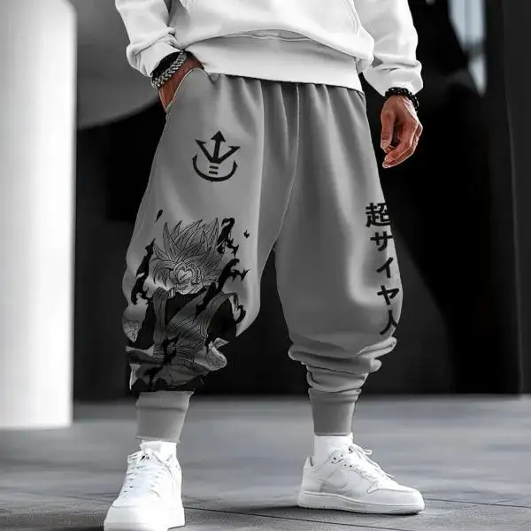 Gray Anime Goku Print Cotton Pants Cuffed Design Unisex Harem Trousers Extra Large Wide Leg Joggers Casual
