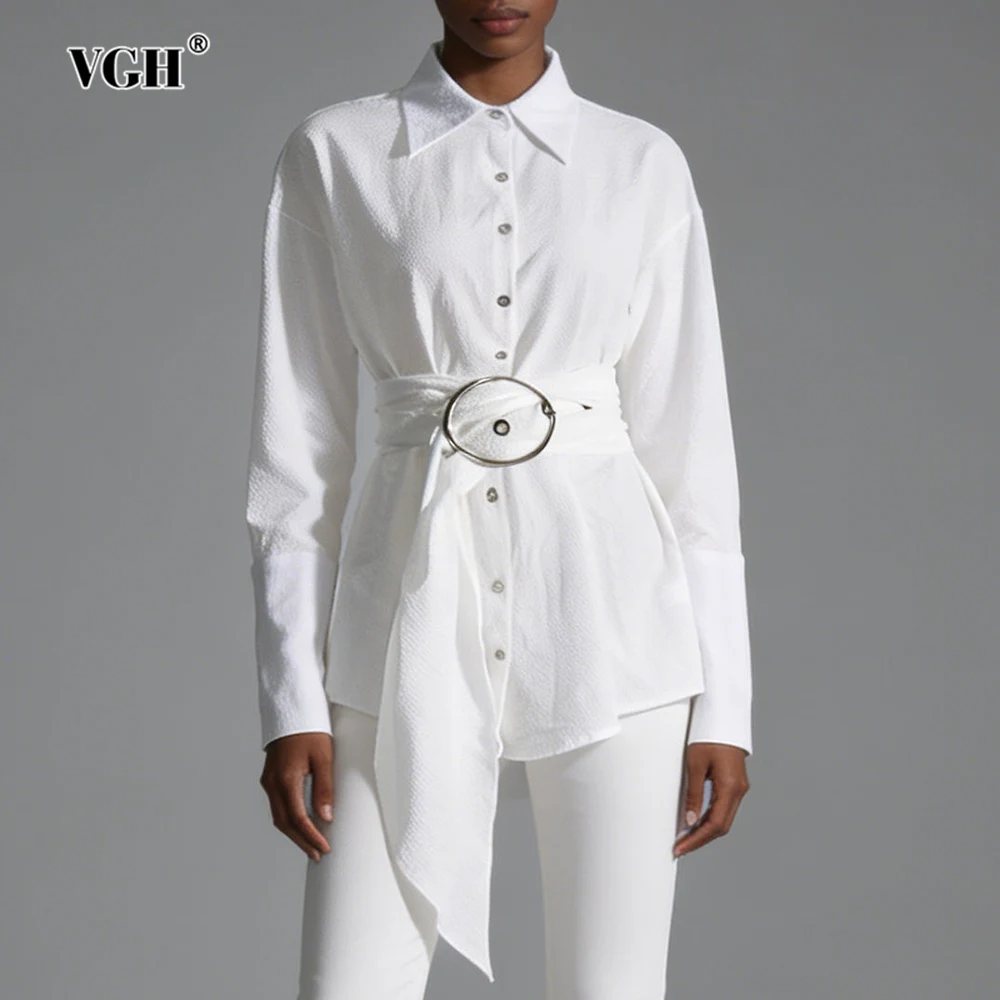 

VGH Solid Beach Style Casual Blouses For Women Lapel Long Sleeve Spliced Folds Spring Design Sense Slimming Shirts Female New