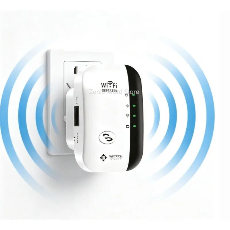 WETECH Ripetitore di Segnale WiFi Bianco 300Mbps, Amplificatore di Segnale Wireless con Pulsante WPS per Copertura in Casa, Soggiorno, Camera da Letto e Cucina