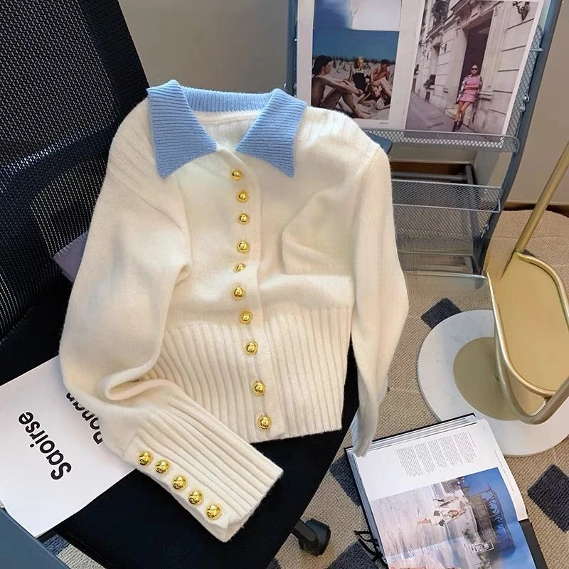 DAYIFUN-Women's Peter Pan Collar Knitted Cardigans Sweet Sweaters Korean Chic Single Breasted Patchwork Top Spring Autumn Jumper