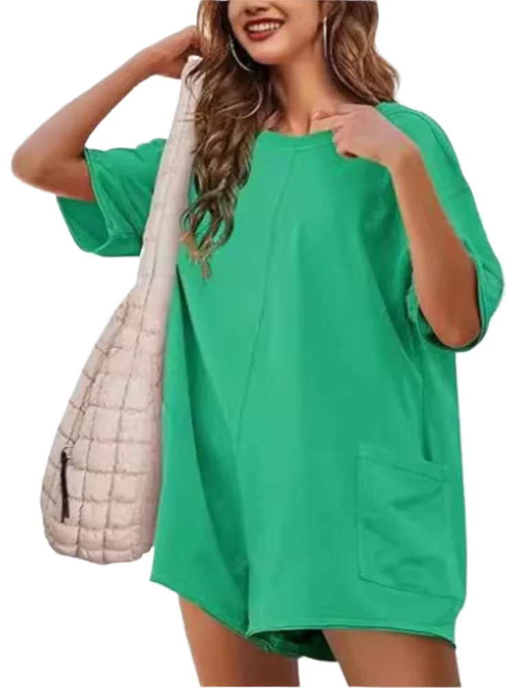 

Модный однотонный комбинезон, новые летние свободные и повседневные комбинезоны с короткими рукавами и v-образным вырезом с открытой спиной, элегантные офисные праздничные комбинезоны