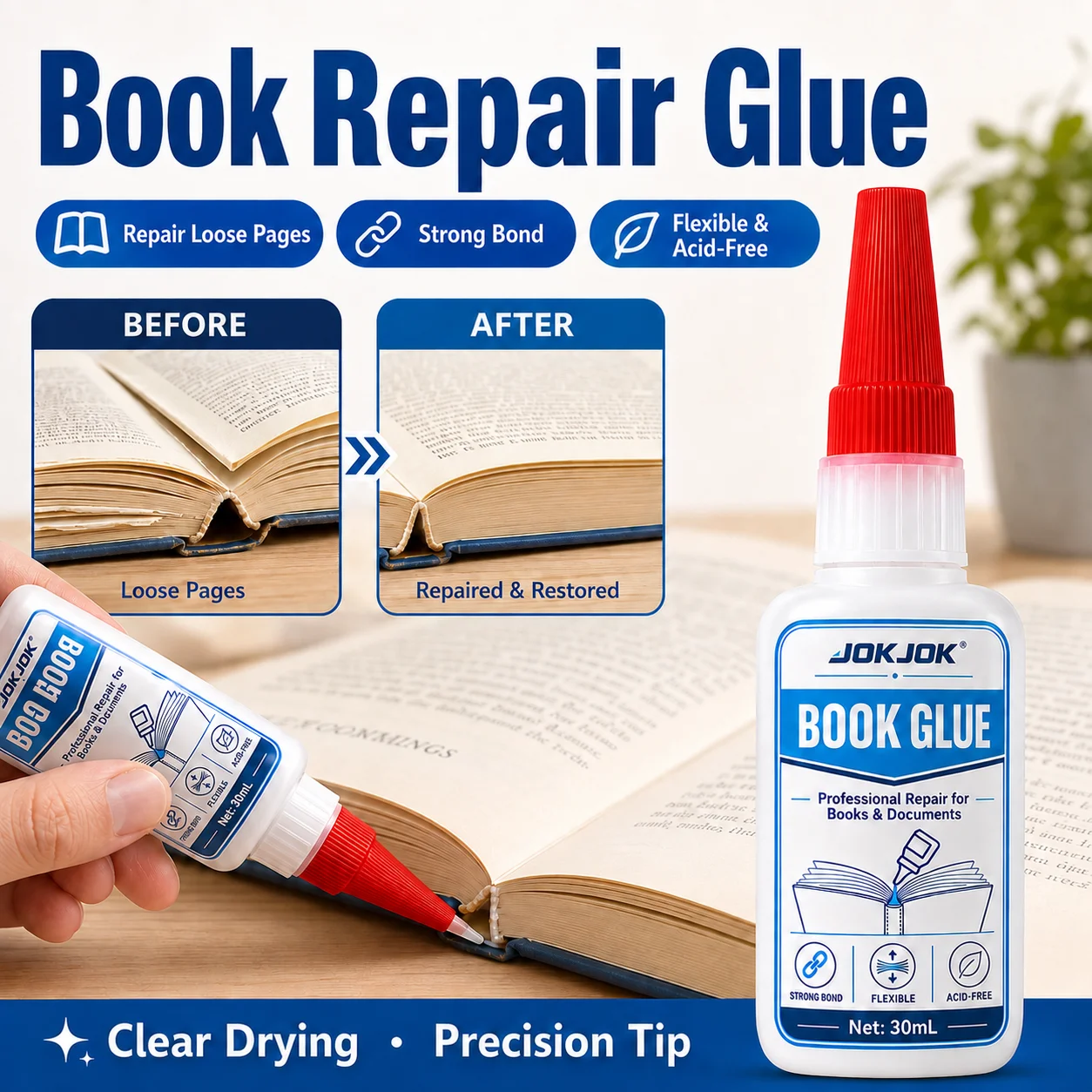 JOKJOK Book Glue Flexible Book Binding Adhesive For Paperback Hardcover Spine Loose Page Repair Acid-Free Clear Dry 30ML