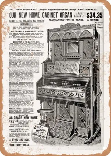 METAL SIGN - 1902 Sears Catalog Pianos Page 190 - Vintage Rusty Look