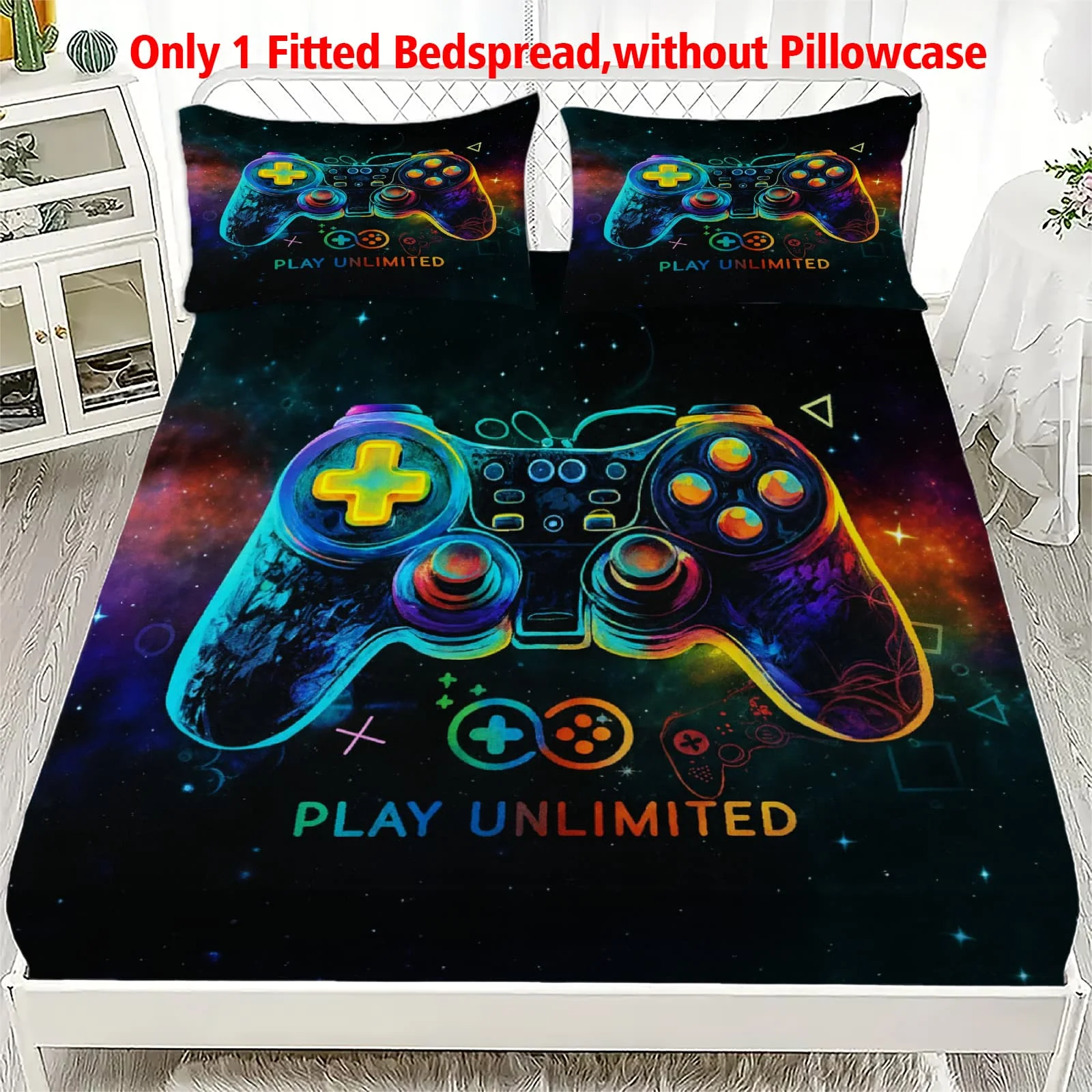 1pc Neon Cosmic Game Controller Print Fitted Sheet Deep Pocket Elastic Mattress Cover Single Double Queen King Bedroom Decor