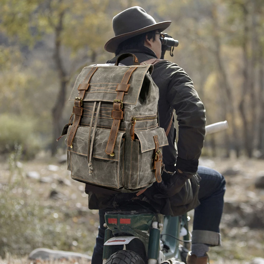 

Retro Tactical Motorcycle Backpack Canvas Leisure Travel Double Shoulder Bag for Men And Women Outdoor Casual Bookbag