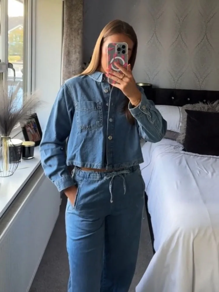 HH المرأة الخريف مجموعة الصلبة بدوره إلى أسفل طوق جيب واحدة الصدر قميص دينيم عالية الخصر الدانتيل متابعة الجينز الإناث بدلة على الموضة