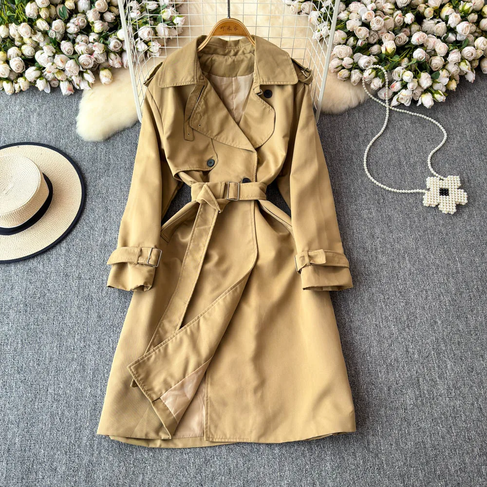 Autumn Lace Up Long Lapel Loose Trench Coat Women Trendy 3 Colors Windbreaker