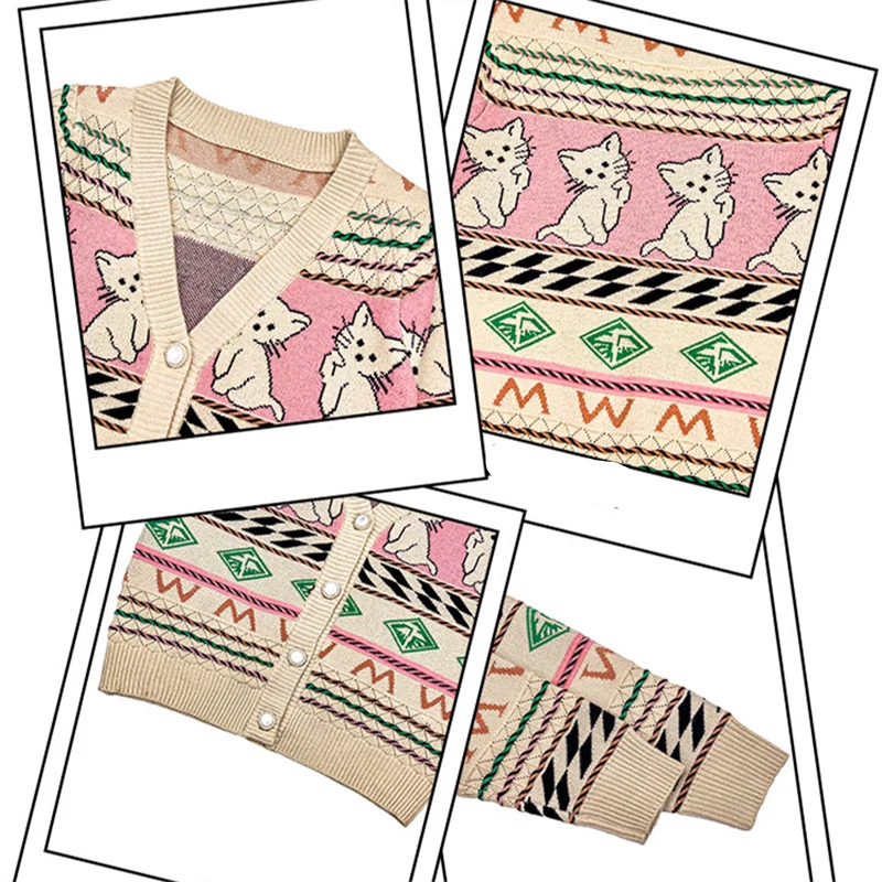 Vintage Child Cartoon Cat Cardigan Sweater For Girl Cute Fashion Kids New Spring Knitted Clothes Teenager Classic Retro Knitwear