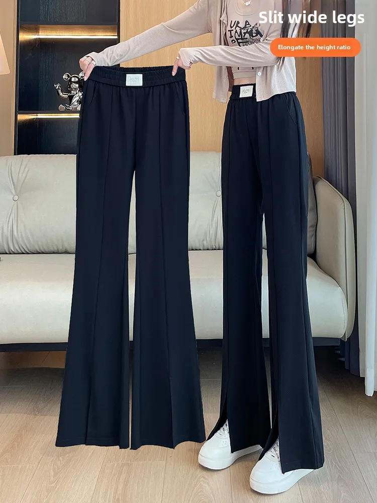 

Летние тонкие брюки с высокой талией и широкими штанинами, женские расклешенные брюки с разрезами, повседневные струящиеся прямые брюки в корейском стиле для офиса и города