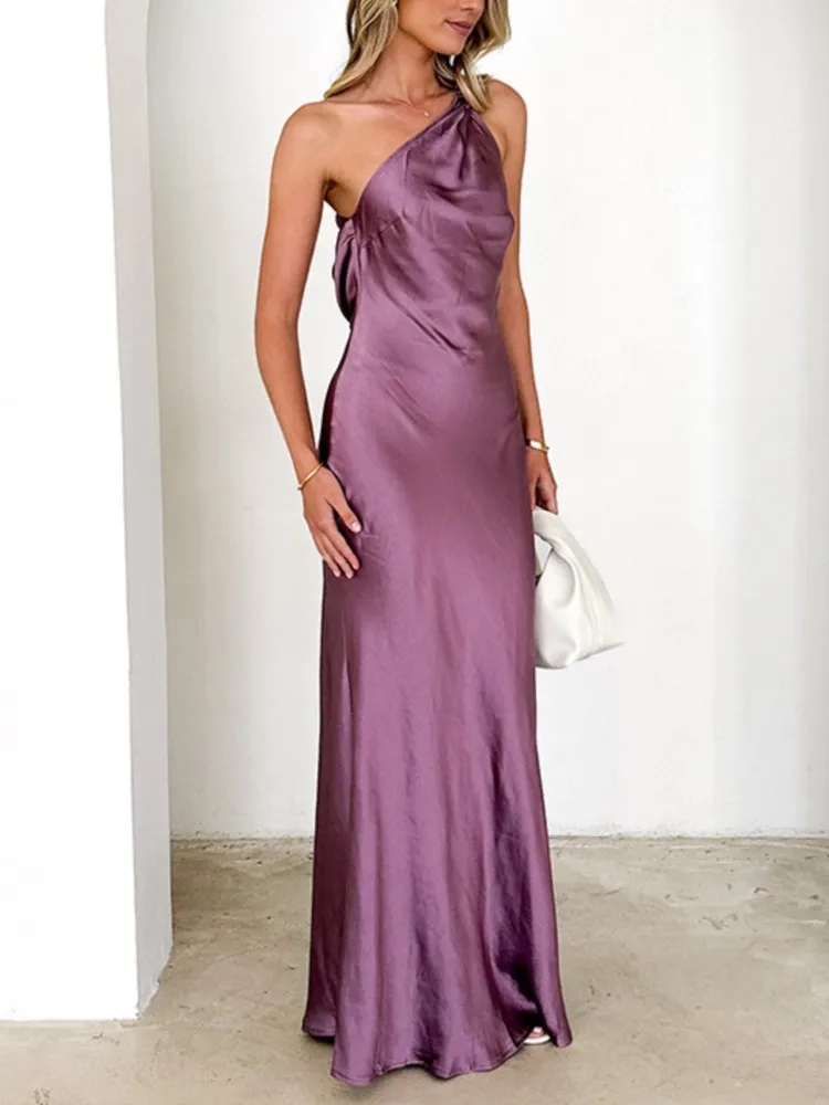 

Trendy Sexy Slanted Collar Fashion Backless Slim Dress Women's Summer High Waist Simple Solid Color Sleeveless Commuting Dress