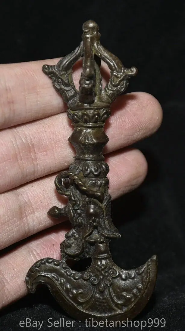 

.6-Inch Vintage Chinese Bronze Buddhist Beast Head Pulba Dagger Stand Statue -