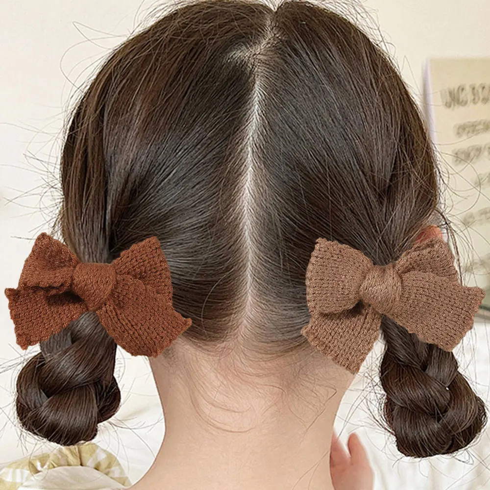 4PCS Knitted Bowknot Hair Clip For Litter Girls Sweet Brown Hairpins Barrette Solid Kids Headwear Fashion Hair Accessories