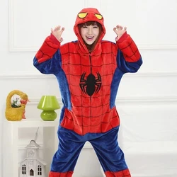 Adult Spider Man Pajamas Costume Superhero Spiderman Cosplay Flannel Hooded Sleepwear Jumpsuit Halloween Pajamas for Men Women